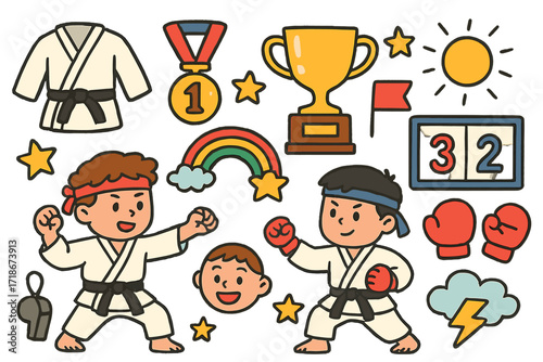 Karate Competition Doodle. Colorful Hand-drawn doodle Children illustration Karate Competition [karate gi, black belt, medal, trophy, scoreboard, star,
