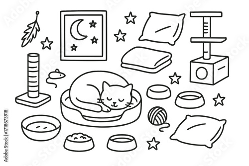 Cozy Cat Night. Hand-drawn doodle illustration cozy night for cats cat curled up, cat bed, scratching post, toy mouse, yarn ball, food bowl, water dish,