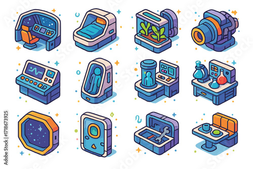 Spaceship Module Icons. Colorful isometric vector icons set of spaceship interior modules: command cockpit, sleeping pod, hydroponic bay, engine room, control