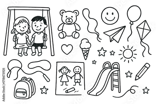 Childhood Joy Icons. Hand-drawn doodle illustration Childhood friends swings, teddy bear, smiley face, balloon, paper plane, ice cream, jump rope, heart, chalk
