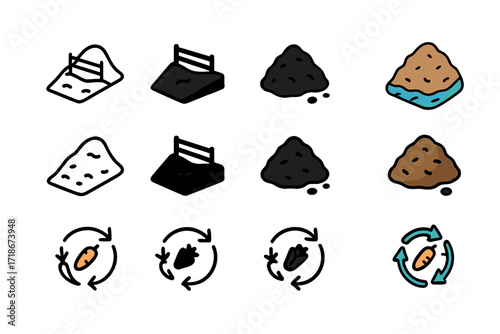 Soil Protection Icons. Icon Set of Soil and Land Protection: Erosion barrier, Organic compost pile, Crop rotation chart. Icons set in vector style, emblematic