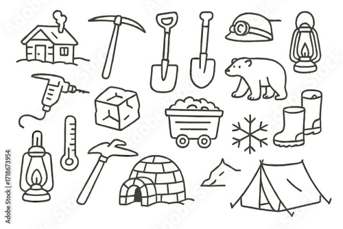 Arctic Mining Doodles. Hand-drawn doodle illustration Arctic mining camp, ice pick, snow shovel, pickaxe, hard hat, lantern, mining cart, drill, ice block,