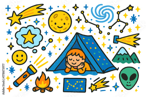Stargazing Children's Adventure. Colorful Hand-drawn doodle Children illustration Dreaming under stars tent, stargazing child, comet, glowing moon,