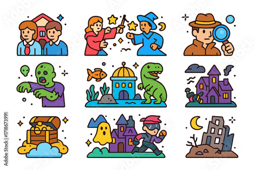 Iconic Adventure Scene. school drama, magical duel, detective mystery, zombie invasion, underwater city, dinosaur island, pirate treasure hunt, haunted