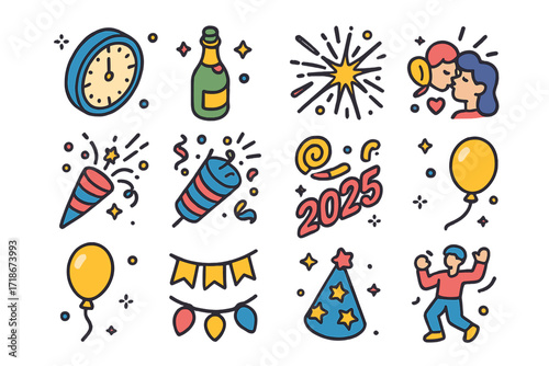 New Year's Icons. Colorful isometric vector icons set of New Year?s Eve Party: countdown clock, champagne bottle, glasses, firework burst, party popper,