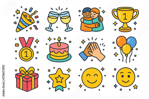 Colorful Book Fair Icons. Book Fair. Colorful Hand-drawn doodle Children illustration Book Fair colorful books, balloons, banner, kids reading, tables with