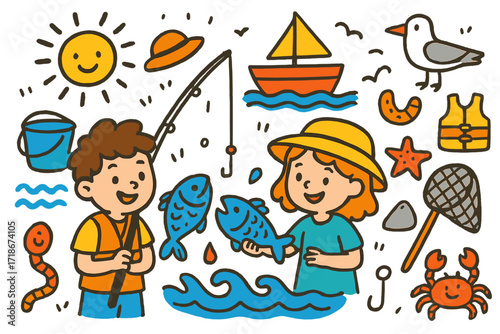 Kids' Joyful Fishing Adventure. Colorful Hand-drawn doodle Children illustration Fishing at the shore fishing rod, smiling fish, bucket, wave, boat, hat, sun,