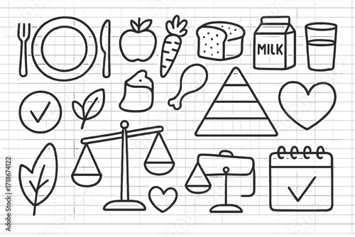 Balanced Diet Icons. Hand-drawn doodle illustration [Balanced diet symbols] [plate, fork, knife, fruit, vegetable, grain, protein, dairy icon, glass of water,