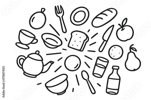 Object Collision Doodles. Hand-drawn doodle illustration objects colliding in mid-air Cup, Plate, Bowl, Fork, Knife, Spoon, Teapot, Mug, Bottle, Glass, Water