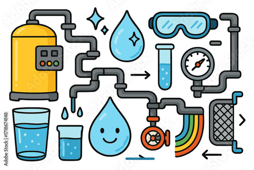 Colorful Water Purification Doodle. Colorful Hand-drawn doodle Children illustration Water purification system filter tank, water flow, sparkly droplet,
