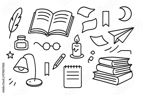 Flying Pages Doodle. Hand-drawn doodle illustration Pages in the air Open book, flying pages, quill, feather, paper airplane, ink bottle, glasses, bookmark,