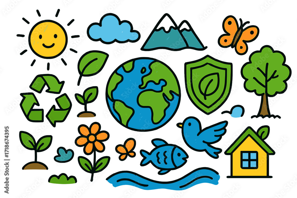 Fototapeta premium Environmental Protection Doodle. Colorful Hand-drawn doodle Children illustration Environmental protection [Earth globe, shield, green leaf, recycling arrows,
