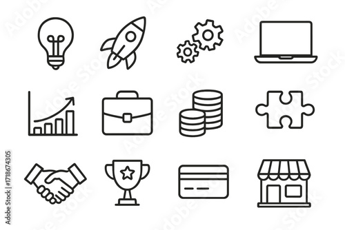 Youth Entrepreneurship Icons. Entrepreneurship youth. Line icon set of entrepreneurship youth: lightbulb idea, rocket, gears, laptop, growth chart, briefcase,