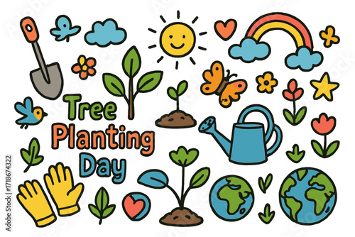 Tree Planting Doodles. Colorful Hand-drawn doodle Children illustration Tree Planting Day [tree, shovel, watering can, seedling, gloves, sun, cloud, rainbow,