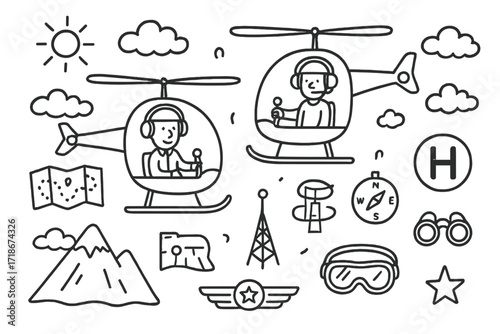 Helicopter Pilot Doodles. Hand-drawn doodle illustration Pilots flying helicopters [helicopter, pilot figure, headset, control stick, clouds, mountain, sun,