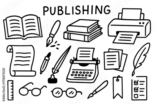 Publishing Tools Doodle. Publishing. Hand-drawn doodle illustration open book, stack of books, printer, typewriter, scroll, ink pen, paper sheets, ruler,