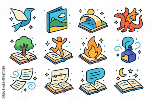 Imaginative Storytelling Icons. Colorful isometric vector icons set of storytelling and imagination themes: paper turning into bird, notebook morphing into