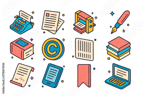 Isometric Publishing Icons. Publishing. Colorful isometric vector icons set of Publishing: typewriter, manuscript, printing press, editor?s pen, book cover,