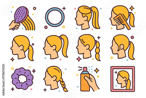 Ponytail Styling Icons. Colorful isometric vector icons set of ponytail styling steps: detangle brush, hair elastic, sectioned hair, comb smoothing back, tight
