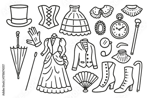 Victorian Fashion Doodle Icons. Hand-drawn doodle illustration Victorian fashion [top hat, corset, crinoline, lace, brooch, pocket watch, gloves, umbrella,