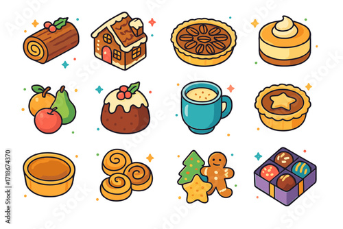 Festive Dessert Icons. Colorful isometric vector icons set of Holiday dessert indulgence: Yule log cake, gingerbread house, pecan pie, pumpkin cheesecake,
