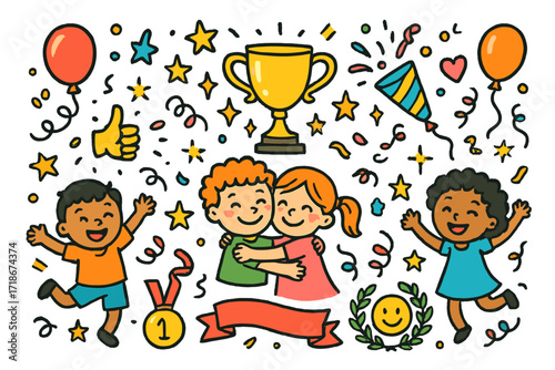 Children's Celebration Icons. Colorful Hand-drawn doodle Children illustration Celebration of success golden cup, victory hug, stars, confetti, dancing kids,