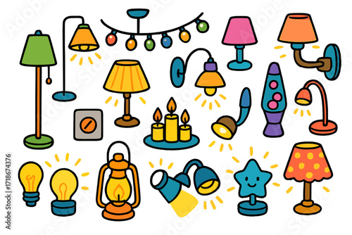 Colorful Home Lighting Doodles. Colorful Hand-drawn doodle Children illustration Home lighting for mood setting [table lamp, floor lamp, ceiling chandelier,