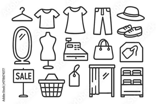 Clothing Store Doodle. Hand-drawn doodle illustration clothing shop hanger, t-shirt, dress, pants, shoes, hat, mirror, mannequin, cash register, bag, price