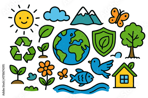 Environmental Protection Doodle. Colorful Hand-drawn doodle Children illustration Environmental protection [Earth globe, shield, green leaf, recycling arrows,