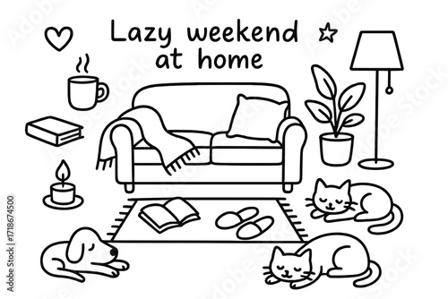 Cozy Weekend Doodle. Hand-drawn doodle illustration Lazy weekend at home [sofa, blanket, mug, pillow, heart, book, slippers, candle, rug, plant pot, framed