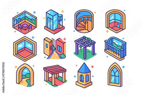 Architectural Icon Set. Colorful isometric vector icons set of Architectural Vistas: rooftop terrace view, glass elevator shaft, spiral staircase view,