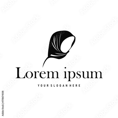 Beauty design concept of woman with black silhouette of simple elegant hijab logo, showing Muslim women's clothing style, illustration of symbol template for poster and brand