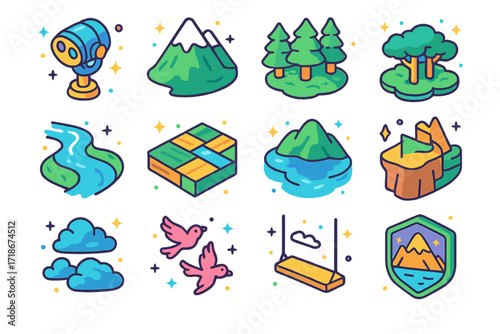 Colorful Aerial Icons. Colorful isometric vector icons set of Aerial sightseeing: scenic viewfinder, mountain peak, forest canopy, riverscape, farmland