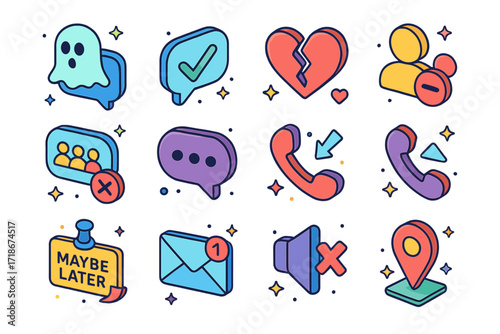 Social Disappointment Icons. Colorful isometric vector icons set of Social disappointment: ghosted chat, seen message icon, broken heart emoji, unfollow icon,