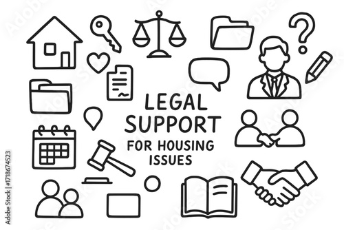 Housing Legal Support Icons. Hand-drawn doodle illustration Legal support for housing issues [house, key, document, lawyer, scale, heart, folder, speech