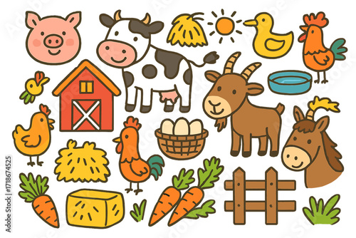 Farm Animal Doodles. Colorful Hand-drawn doodle Children illustration Farm animals pig, cow, chicken, duck, goat, horse, trough, barn, straw, egg basket, hay