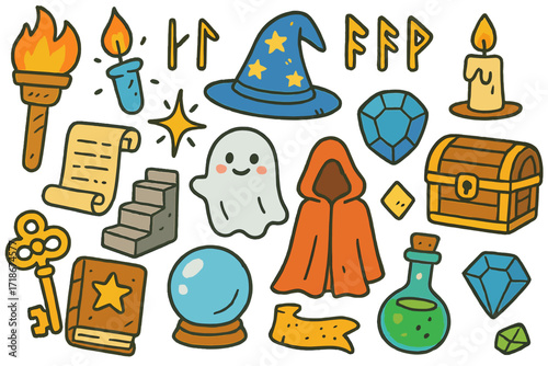 Magical Dungeon Adventure Icons. Colorful Hand-drawn doodle Children illustration Magical dungeon torch, wizard hat, crystal orb, potion, spellbook, runes,