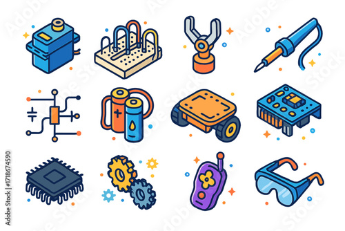 Robotics Icons Set. Colorful isometric vector icons set of robotics prototyping: servo motor, breadboard with wires, robotic claw, soldering iron, circuit