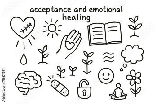 Healing Doodle Symbols. Hand-drawn doodle illustration Acceptance and emotional healing [heart with stitches, light ray, hand on heart, open journal, sun,