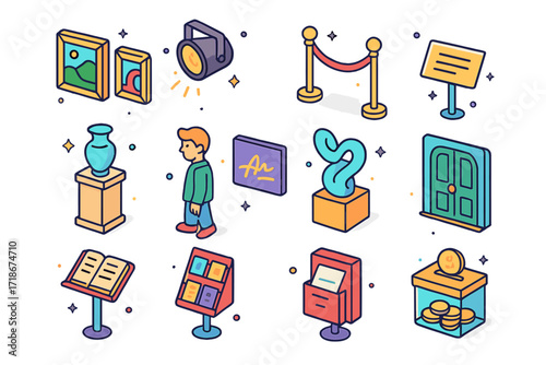 Art Gallery Icons. Colorful isometric vector icons set of art gallery exhibition: framed paintings, spotlight, info plaque, velvet rope, art pedestal, gallery