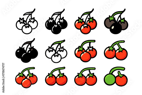 Colorful Salad Logos. Set Logo of preparing a fresh salad with avocado, tomatoes, and greens: Cherry tomato cluster. Logo set in vector style, emblematic