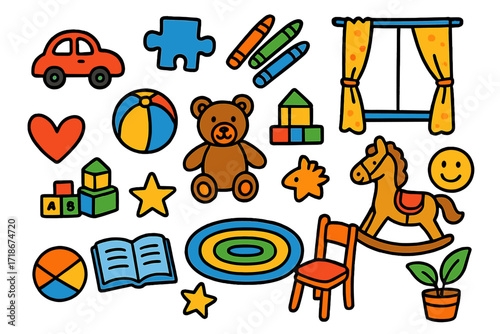 Playroom Doodles. Colorful Hand-drawn doodle Children illustration Playroom design toy car, puzzle piece, building blocks, ball, teddy bear, rocking horse,