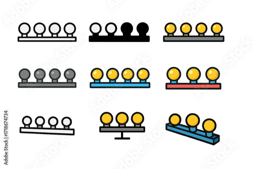 Vanity Bulb Logo Designs. Set Logo of Vanity Light Bulb: Row of five bulbs on bar. Logo set in vector style, emblematic variations. line, bold thick line,