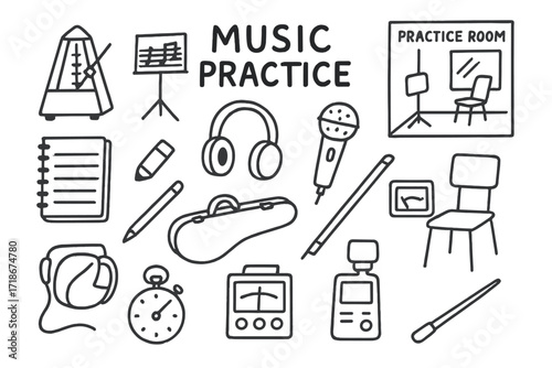Music Practice Essentials. Hand-drawn doodle illustration music practice metronome, sheet music, music stand, pencil, eraser, notebook, headphones, microphone,