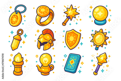 Light Magic Icons. Colorful isometric vector icons set of light-powered magical artifacts: runestone amulet, sunstone ring, radiant wand, orb of light, light