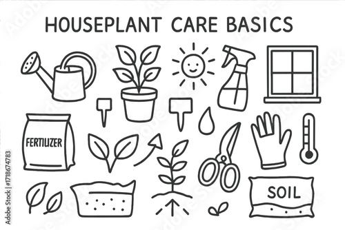 Houseplant Care Icons. Hand-drawn doodle illustration [Houseplant care basics] watering can, potted plant, sun icon, spray bottle, fertilizer bag, plant label,