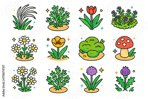 Colorful Steppe Plant Icons. Colorful isometric vector icons set of steppe vegetation and plants: feather grass, sagebrush, wild tulip, thyme patch, saltwort,