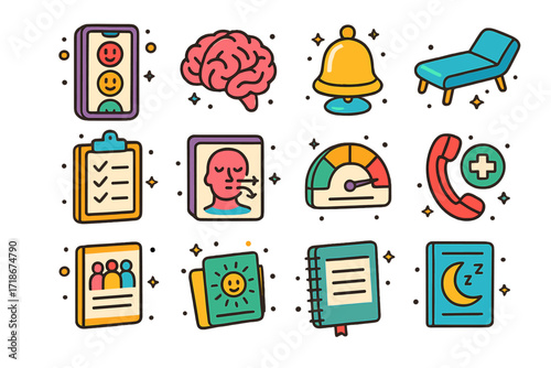 Colorful Mental Health Icons. Colorful isometric vector icons set of Mental Health Literacy: mood tracker, brain icon, mindfulness bell, therapy couch,
