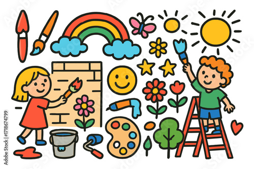 Colorful Doodle Mural. Colorful Hand-drawn doodle Children illustration Drawing a mural paintbrush, wall, paint bucket, rainbow, ladder, smiley face, cloud,