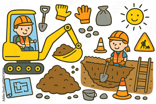 Playful Construction Scene. Colorful Hand-drawn doodle Children illustration Backhoe operators digging foundations or trenches backhoe, hard hat, safety vest,